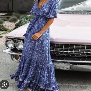 R Vivimos Elegant Blue Floral Maxi Dress